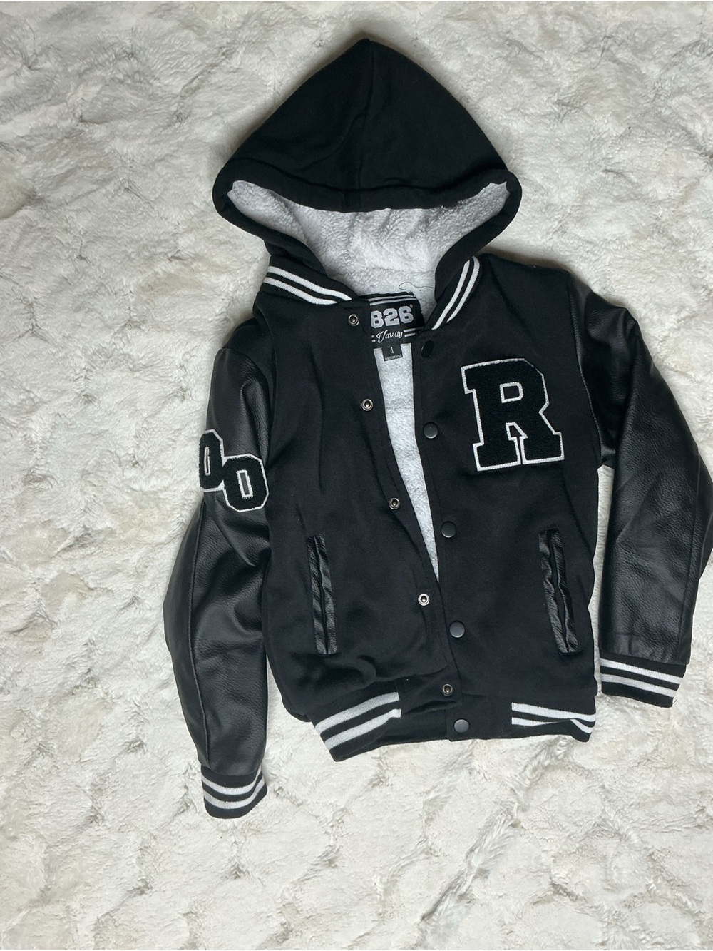 Kids Black Hooded Letterman Jacket